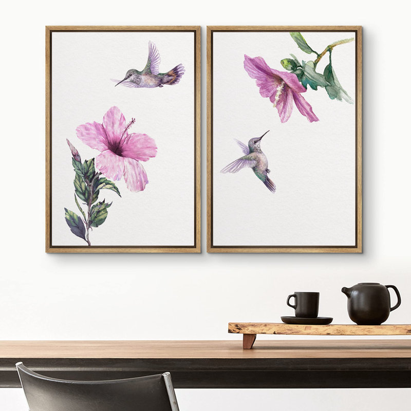 Colibri mauve pastel, fleurs de magnolia, nature sauvage, illustrations, gros plan, chic, H 36 po x l 24 po, Naturel