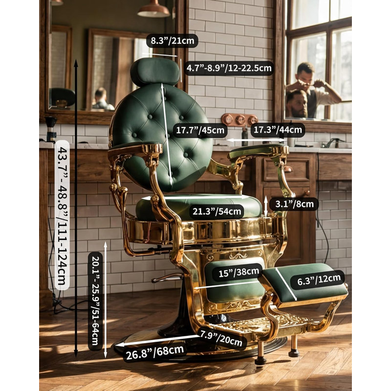 Heavy Duty Vintage Barber Chair – Hydraulic Recline, Adjustable Height, 360° Swivel, Headrest & Footrest, 700lbs Support – Professional Salon, Beauty, Tattoo Lounge Seating – Electroplated Gold Green