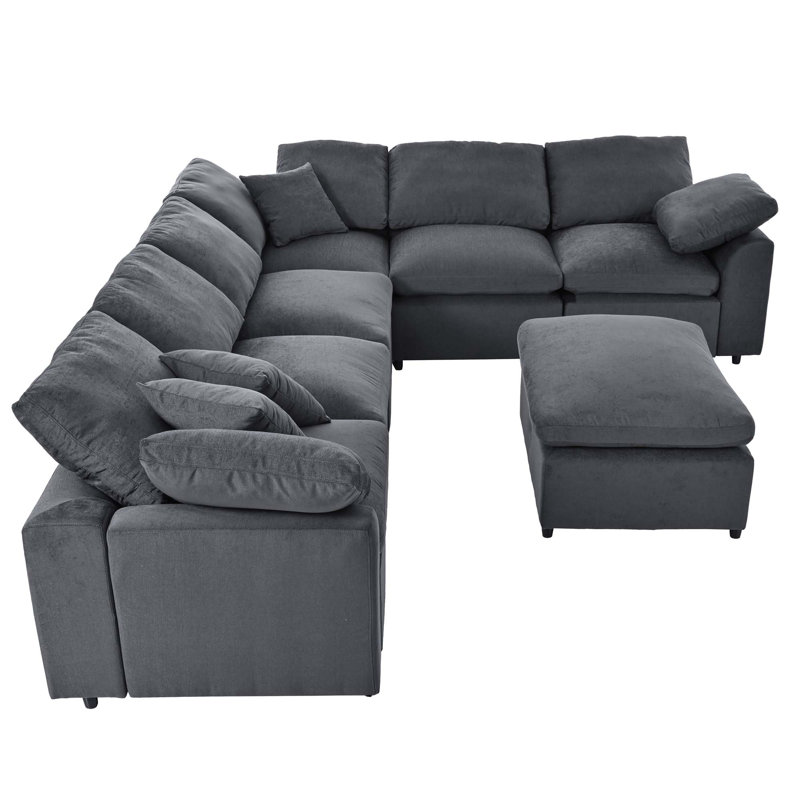129" Extra-Wide Modular Sectional Sofa - 7-Seater Diamond Weave Polyester, Gray Polyester
