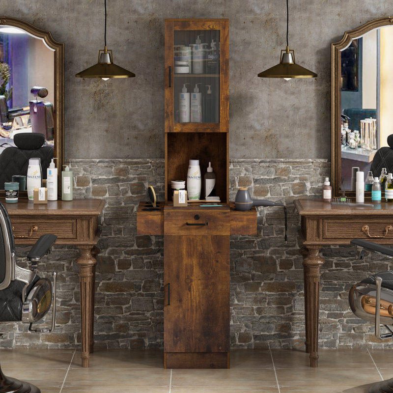 Professional Wall-Mounted Barber Station with Glass Door Cabinet Three-Tier Storage Shelf Spacious Drawer and Hair Dryer Tool Holders Rustic Brown Salon Spa Styling Furniture