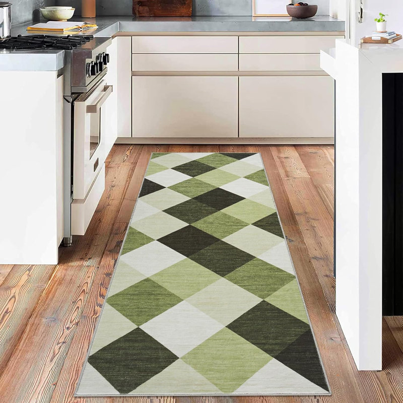 Machine Washable Plaid Runner Rug for Hallway, Kitchen, Bedroom, Living Room, 2x6, Navy & White, Abstract Geometric Design