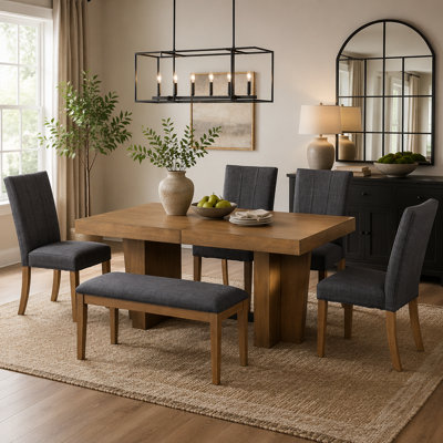 Farmhouse 78.1inch Extendable Wood Dining Table Set for 6, Kitchen Table Set with Bench and 4 Upholstered Chairs,3.8inch Thick Tabletop and Trestle Legs for Kitchen, Dining Room, Brown+Gray