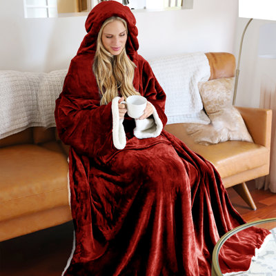 Tirrinia Hood Wearable Blanket for Adult Women and Men, Super Soft Comfy Warm Plush Throw with Sleeves TV Blanket Wrap Robe Hoodie Cover for Sofa, Couch 72" x