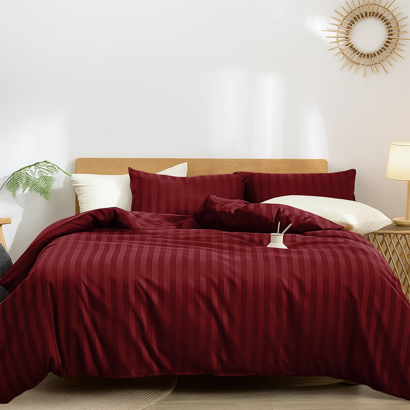 Microfiber Striped Duvet Cover Set with Matching Pillowcases & Fitted Sheet, Burgundy Striped