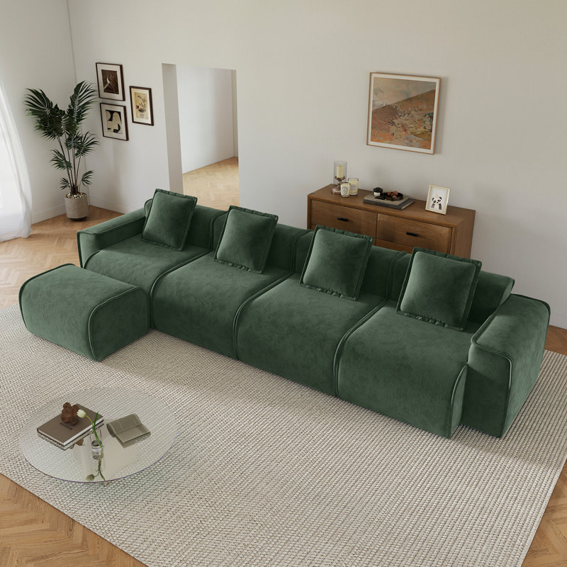 Canapé modulaire modulaire en velours avec repose-pieds, H 31,11 po x l 138,6 po x P 38,23 po, 4, Velours vert