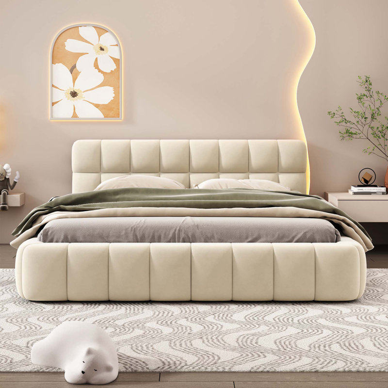 Queen Size Upholstered Platform Bed With Thick Fabric, Grounded Bed With Solid Frame, Beige