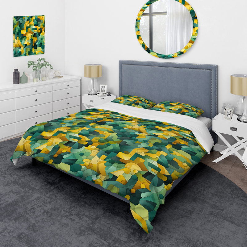 Literie Popart, vert et jaune, Housse de couette pour grand lit et 2 taies décor