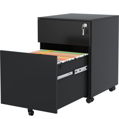 Classeur à 2 tiroirs en acier avec serrure, pour format légal / lettre / A4 / F4, look tendance pour bureau personnel, tiroirs noirs, acier, verrouillé, pour un style actuel,