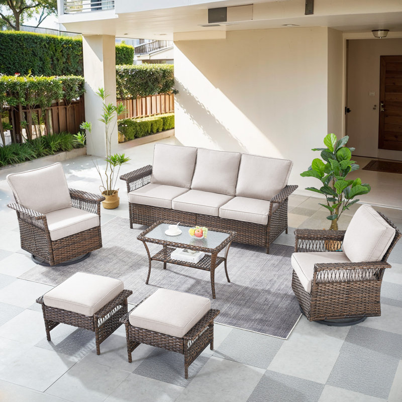Ensemble de conversation avec canapé en rotin 6 pièces et coussins, Beige