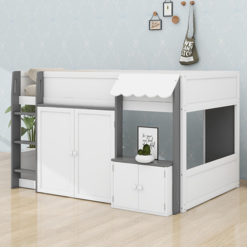 Modern Loft Bed with Playhouse Design & Storage, White+gray