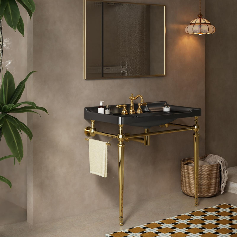 Lavabo de console de salle de bain, lavabo mural, pieds de support autoportants, sans robinet, Doré, Noir