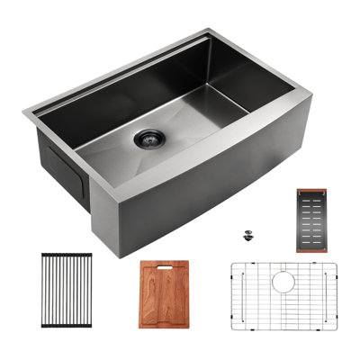 33" L x 22" W Farmhouse Workstation Kitchen Sink Gunmetal Black Stainless Steel Sink Apron Front