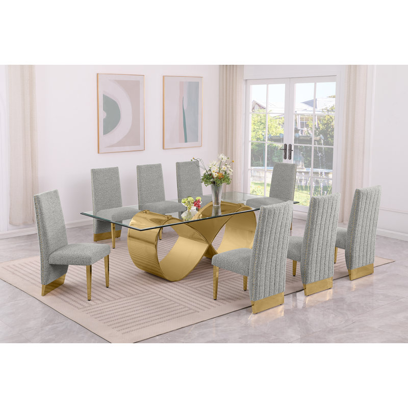 Ensemble de salle à manger en verre trempé avec chaises d'appoint en tissu Boucle, Gris riche, Doré