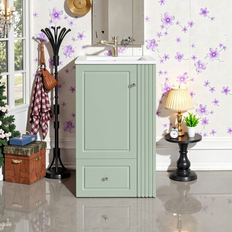 Meuble-lavabo de salle de bain 20 po avec lavabo en céramique et robinet en MDF, Vert