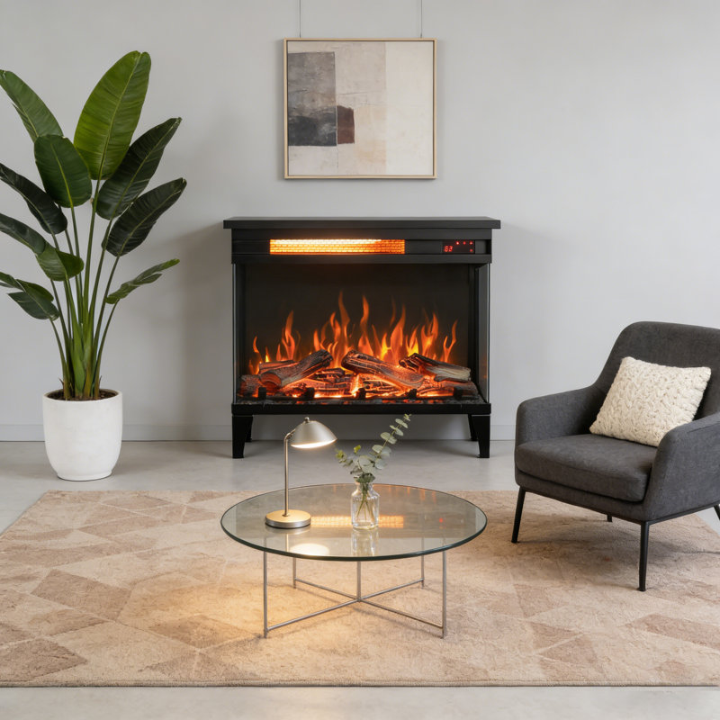 24" Three-Sided Glass Electric Fireplace With Feet - Freestanding Heater, Realistic Flame, Modern Home Decor