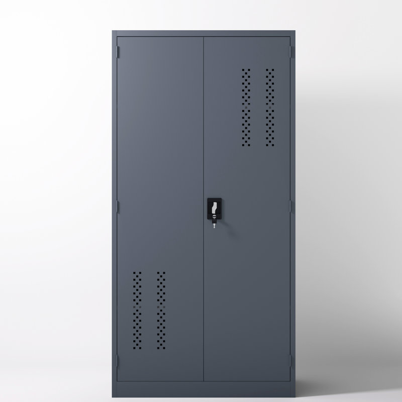 Armoire de garage en acier gris avec 2 portes, 4 tablettes réglables, un espace intérieur et une hauteur de 72,4 pouces pour les gymnases de bureau à domicile, tablettes de rangement verrouillables à grande capacité pour écoles de profondeur, espace