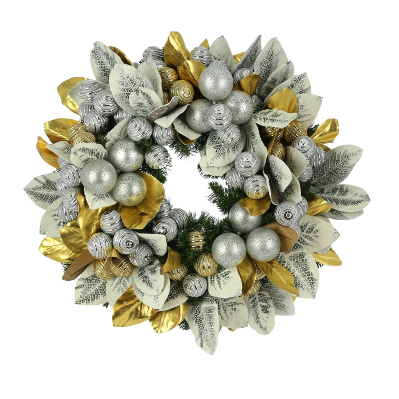 32" Holiday Wreath With Magnolia Leaf And Ornaments