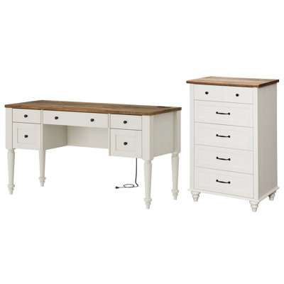 2 Piece Office Set, 56" Executive Writing Desk & 5 Drawer Dresser, Oak