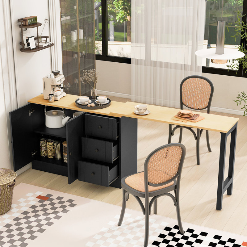 Buffet multifonctionnel avec table de salle à manger extensible, peu encombrant, avec glissières en métal silencieuses et rangement escamotable en bois texturé de 89 po