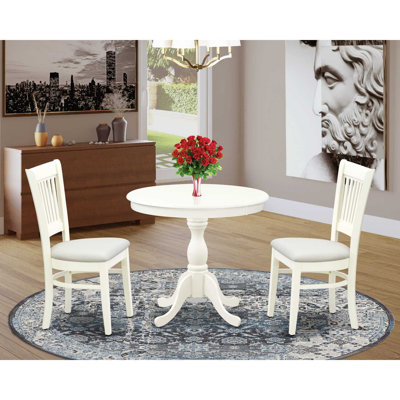 3 Piece Dining Set Contains a Round Kitchen Table with Pedestal and 2 Linen Fabric Dining Room Chairs, Linen White