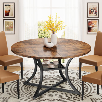 47.2" Round Dining Table With Storage Shelf, Wooden Tabletop And Metal Base For Dining Room And Kitchen