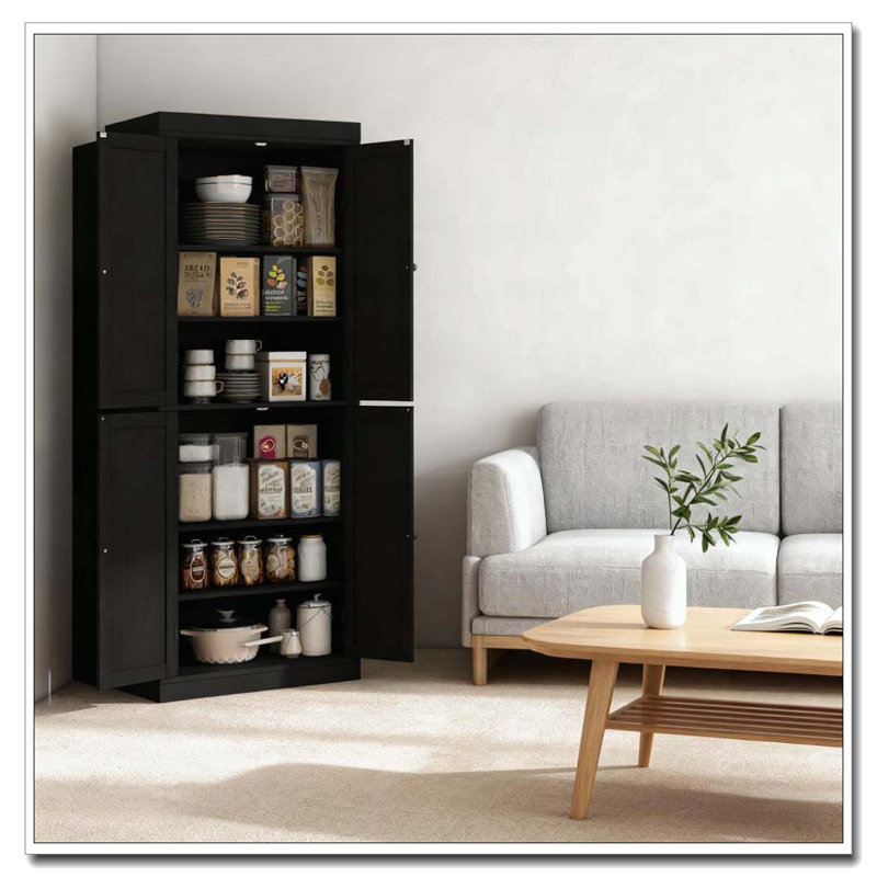 Armoire de garde-manger, armoire de cuisine, armoire de rangement avec portes et tablettes, Noir
