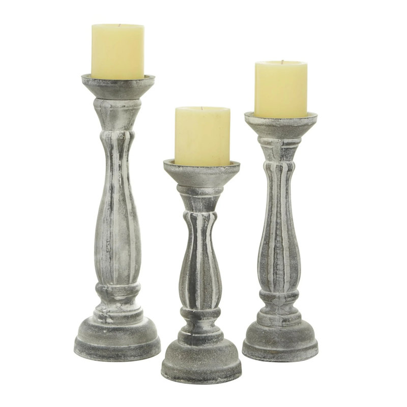 Traditional Gray Carved Wood Candle Holder
