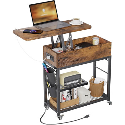 End Table With Charging Station And Wheels, Sofa Side Table With USB Ports And AC Outlets, Movable Bedside Nightstand With Side Bag For Office, Living Room, Or Bedroom (Rustic Wood)