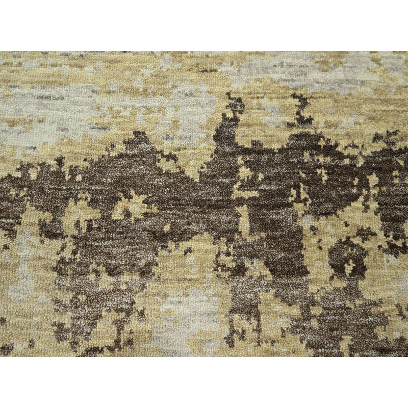 Tapis oriental ivoire et brun chocolat 9 pi x 12 pi, motif abstrait moderne aux couleurs naturelles, noué à la main en laine et soie