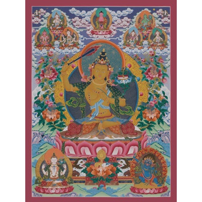 Art mural Manjushri Thangka - divinité bouddhiste tibétaine peinte à la main, toile sans brocart avec or 24 carats, illumination et méditation