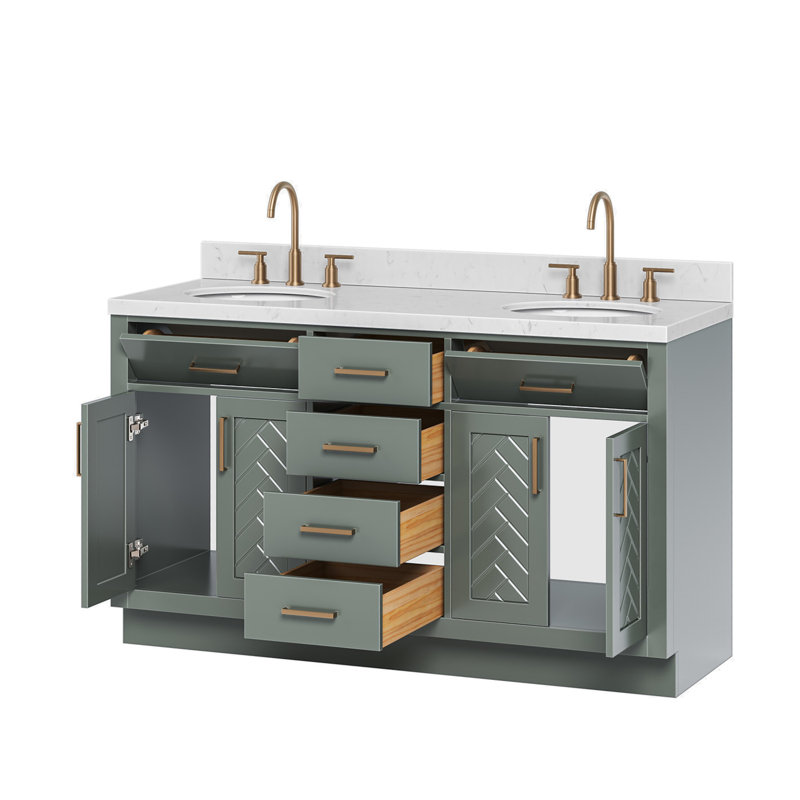 Occhipinti Solid Wood Double Bathroom Vanity with 1.5'' Carrara Quartz Top, Oval, Vintage Green / Satin Brass