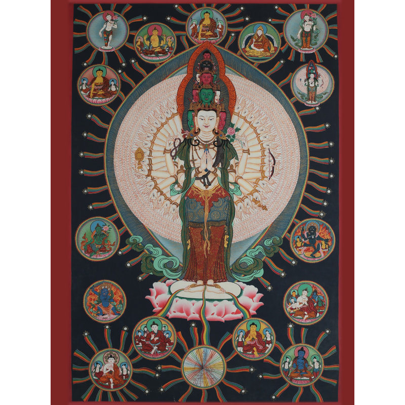 Lokeshvara avec beaucoup de mains (Thangka sans brocart) | Or pur 24 carats avec peinture acrylique