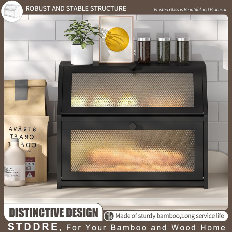 Black Double Layer Farmhouse Bread Box with Diamond Pattern Windows