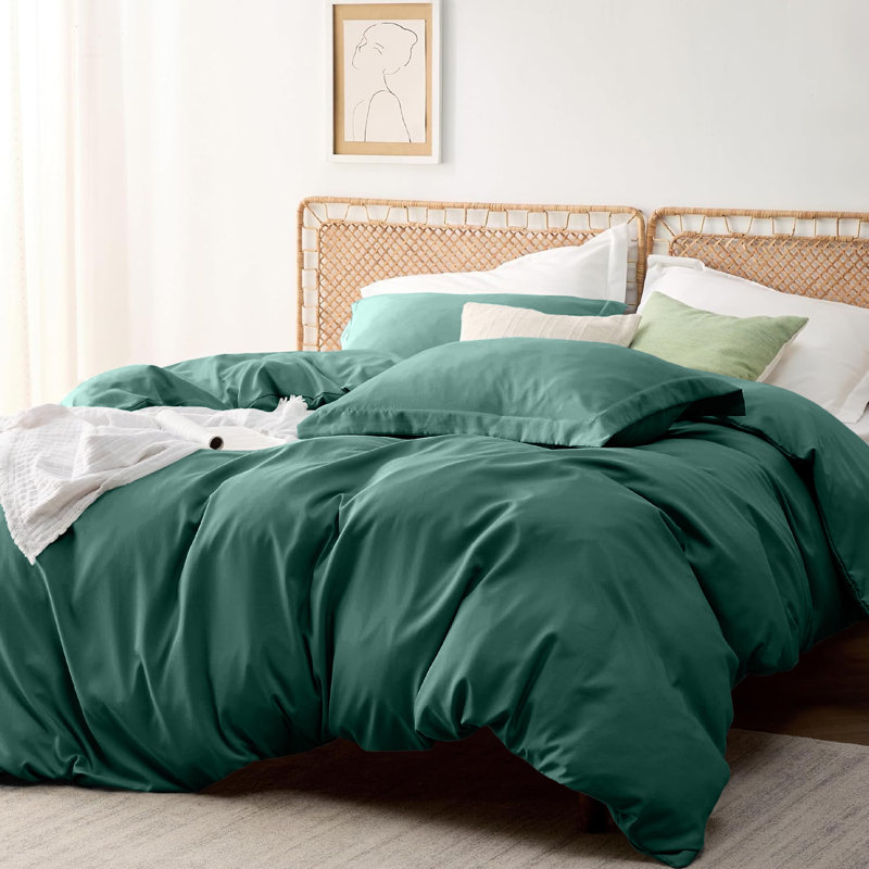 Onorino Luxury 4-Piece Dyed Duvet Set with Pillowcases or Fitted sheet (4 in 1), Emerald, Super King Duvet Cover Set