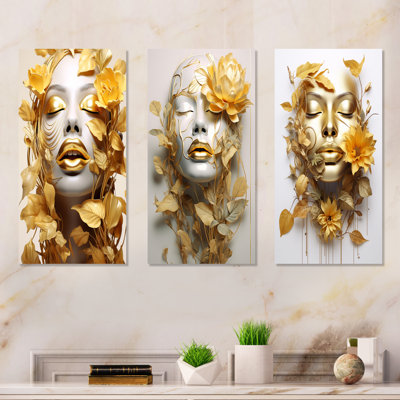 White And Gold Woman Portrait With Leaves I - Fashion Woman Metal Wall Art Prints Set Of 3