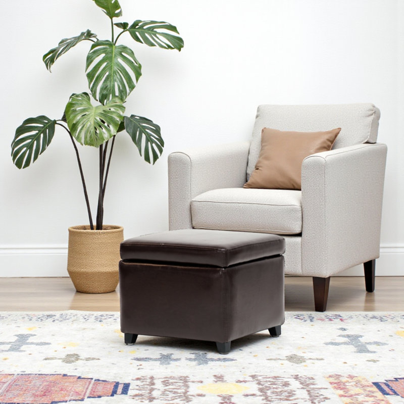 Calysta Dark Brown Square Faux Leather Ottoman with Black Legs  15.25'' H X 17.5'' W X 17.5'' D, Dark Brown