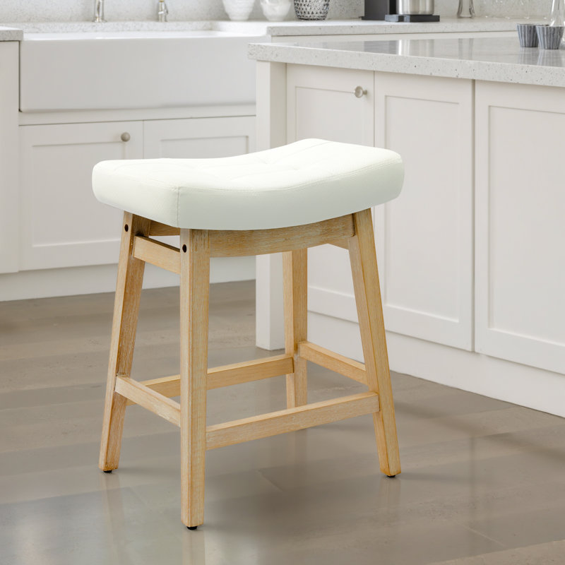 24" Solid Wood Saddle Bar Stools Ideal for Kitchen Island and Counter, PU Leather White Seat / Wood Frame