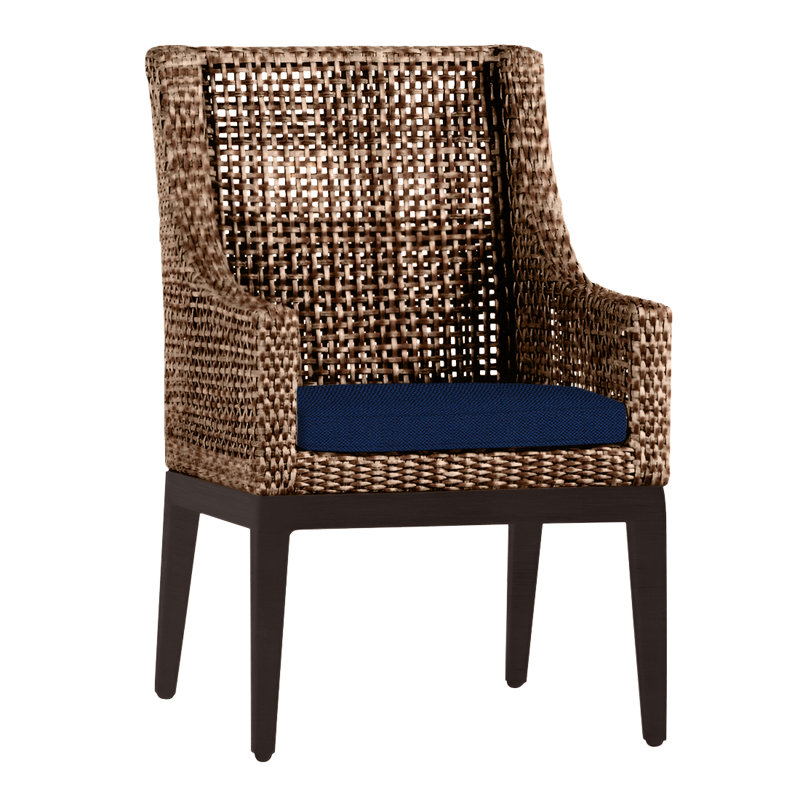 Peninsula Patio Dining Armchair with Cushions, No Welt, Indigo Velvet, Mahogany/Chestnut