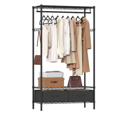Clothes Rack with Storage Shelves, Fabric Drawers and Hanging Rail, 8 Hooks, Steel, Ink Black, 40 cm D x 90 cm W x 180 cm H
