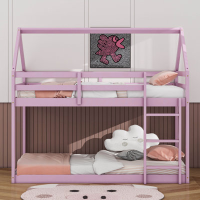 Lit simple superposé en forme de maison avec échelle, lit superposé bas en forme de maison avec barrière de sécurité