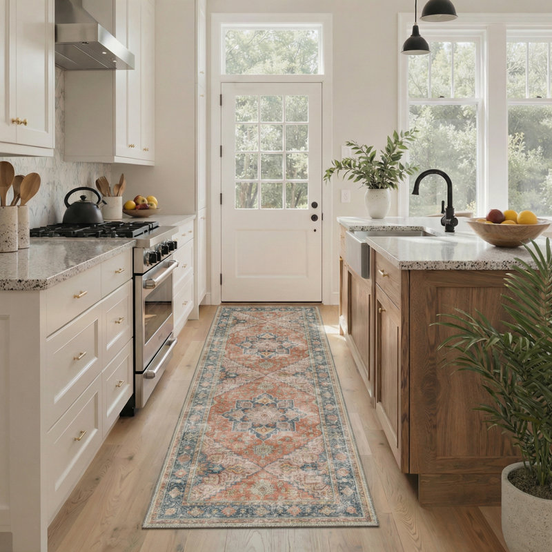 Vintage Distressed Oriental Medallion Machine Washable Orange / Blue Indoor Area Rug with Non-Slip Backing, Runner 2' x 6'