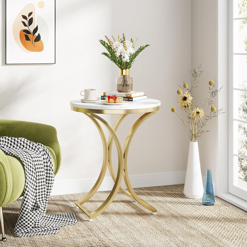 Haaris 23.62'' tall End Table Round Side Table, Faux Marble White/Gold