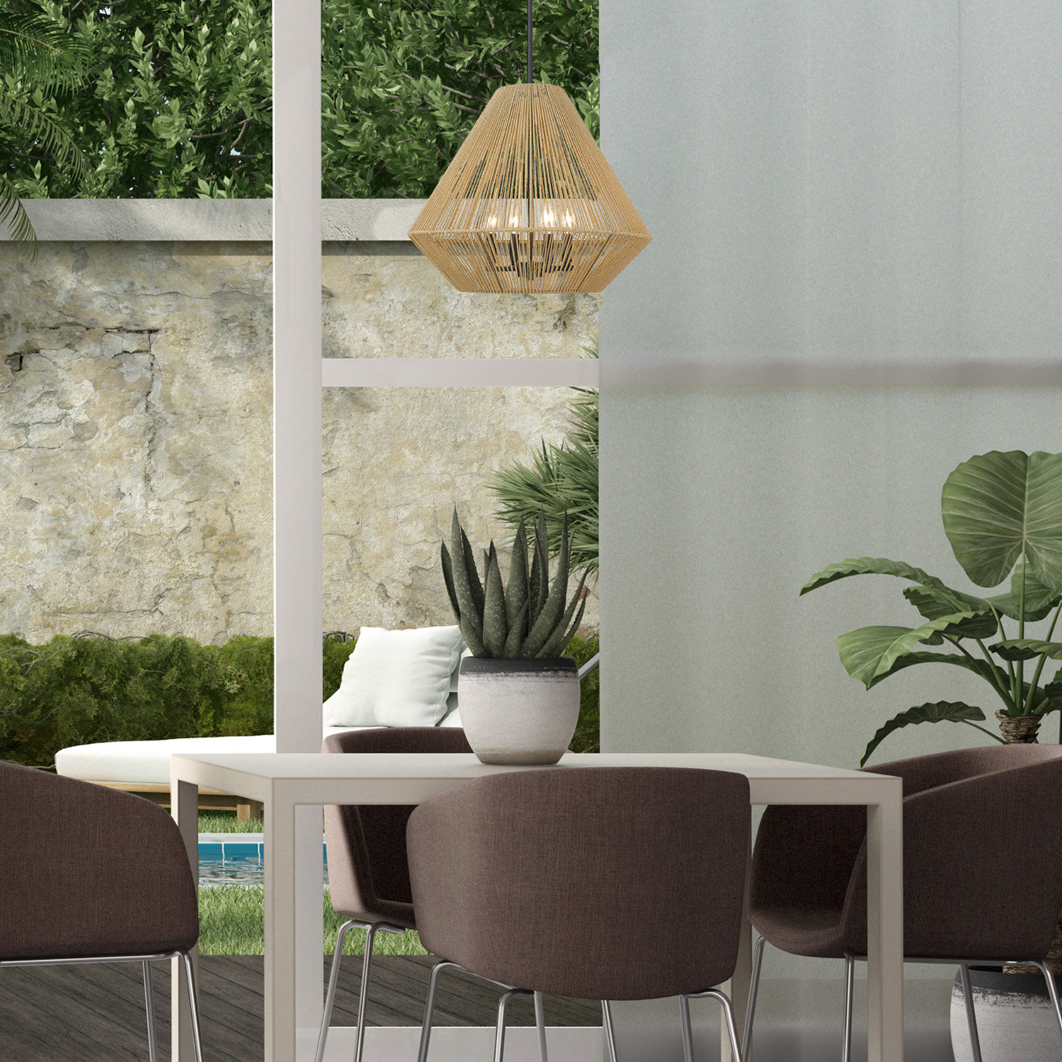Simon 4 Light Cotton Steel Dimmable Pendant, Natural Raphia Rope