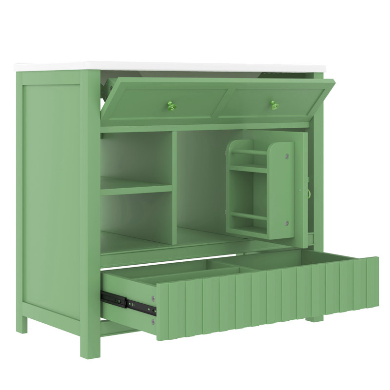 Freestanding 36" Bathroom Vanity With Ceramic Top, Light Green