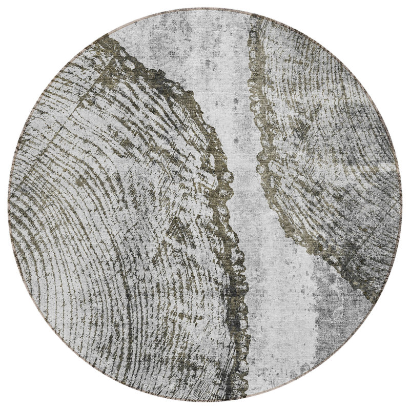 Tapis extérieur rond lavable abstrait 8 po gris taupe et argenté