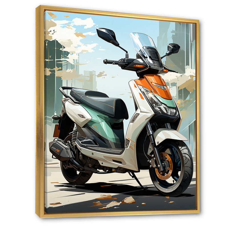 Scooter de ville blanc avec corail - impression d'art mural, H 40 po x l 30 po x P 1,5 po, Cadre flottant doré