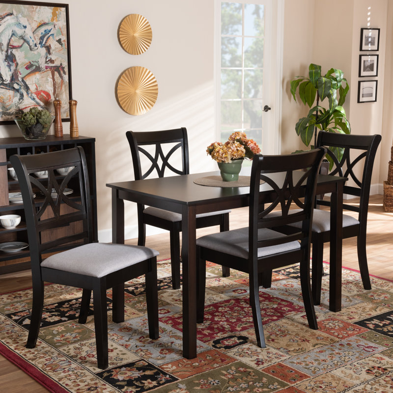 Laurence 5-Pc Solid Wood Dining Set in Grey Fabric Upholstered, 37.4'' H X 18.5'' W X 20.3'' D, Gray