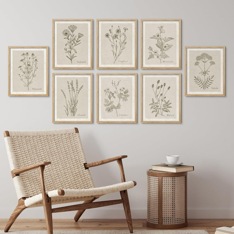 " Wildflower, Botanical Floral, Minimalist Decor, Vintage Poster " 8 - Pieces, 8" W x 10" H, Natural Framed