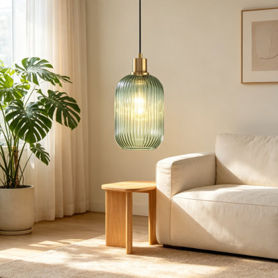 Luminaires suspendus avec abat-jour en verre strié vert rétro, luminaires suspendus réglables en or brossé pour îlot de cuisine, salle à manger, couloir de salon