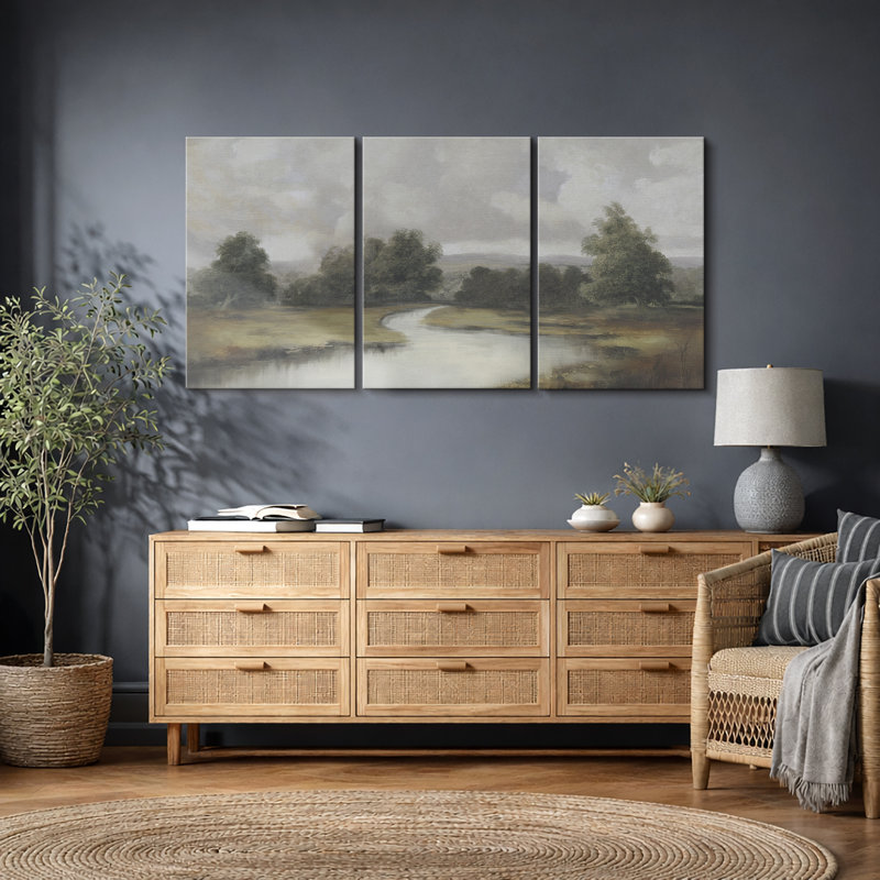 "Natural Forest River Landscape", reproduction sur toile 3 pièces, H 36 po x l 24 po, Toile tendue
